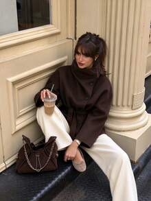 Women's Brown Funnel Neck Belted Long Sleeve Jacket With Pockets, Elegant Polyester Regular Length Autumn/Winter Fashion - Brown - View 10