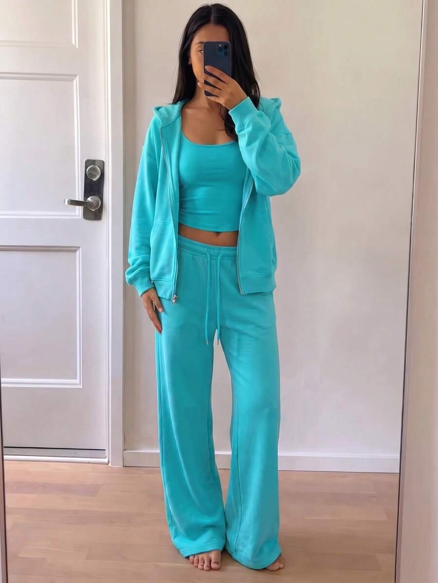 Women Solid Zip Up Hooded Sweatshirt & Drawstring Wide Leg Sweatpants 2 Pieces Outfit, Casual Loose Tracksuit Set - Mint Blue - View 1