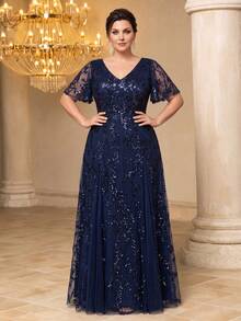 EVERPRETTY Plus Size Elegant Luxury Heavy Sequin Floral Embroidered Evening Dress Navy Mother Of The Bride Dress Suitable For Formal Evening Occasions - Navy Blue - View 8