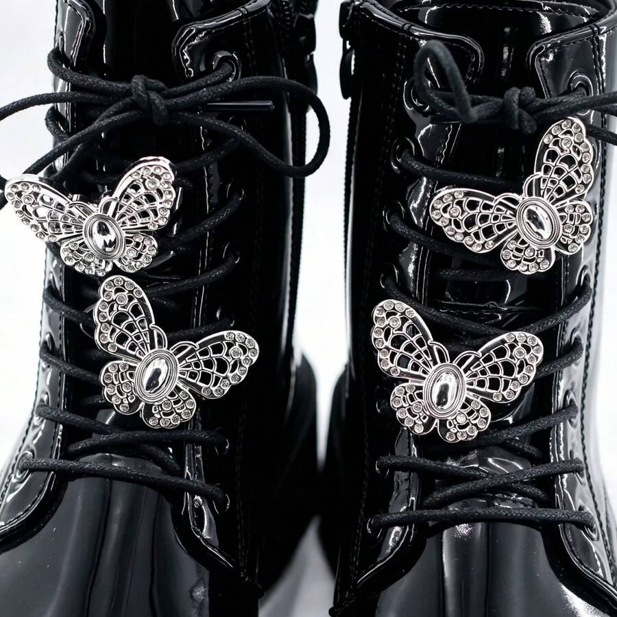 2 Pairs Vintage Hollow Rhinestone Butterfly Decor Detachable Ankle Boots Gothic Street Style Shoe Buckle DIY Modification Boots Ankle Boots Decoration - Silver - View 1