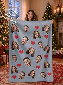 1pc Customized Flannel Blanket, Personalized Family Pet Couple Photo Portrait, Soft Throw For Sofa Bed, Photo Blanket Gift, Aesthetic Room Decor - Multicolor - View 1