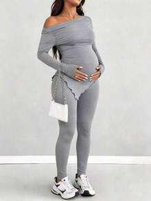 Parara Maternity 2 Pieces Casual Set, One-Shoulder Long Sleeve Ruched Top With Fitted Leggings, High Elastic Ribbed Knit Slim Fit Loungewear - Grey - View 2