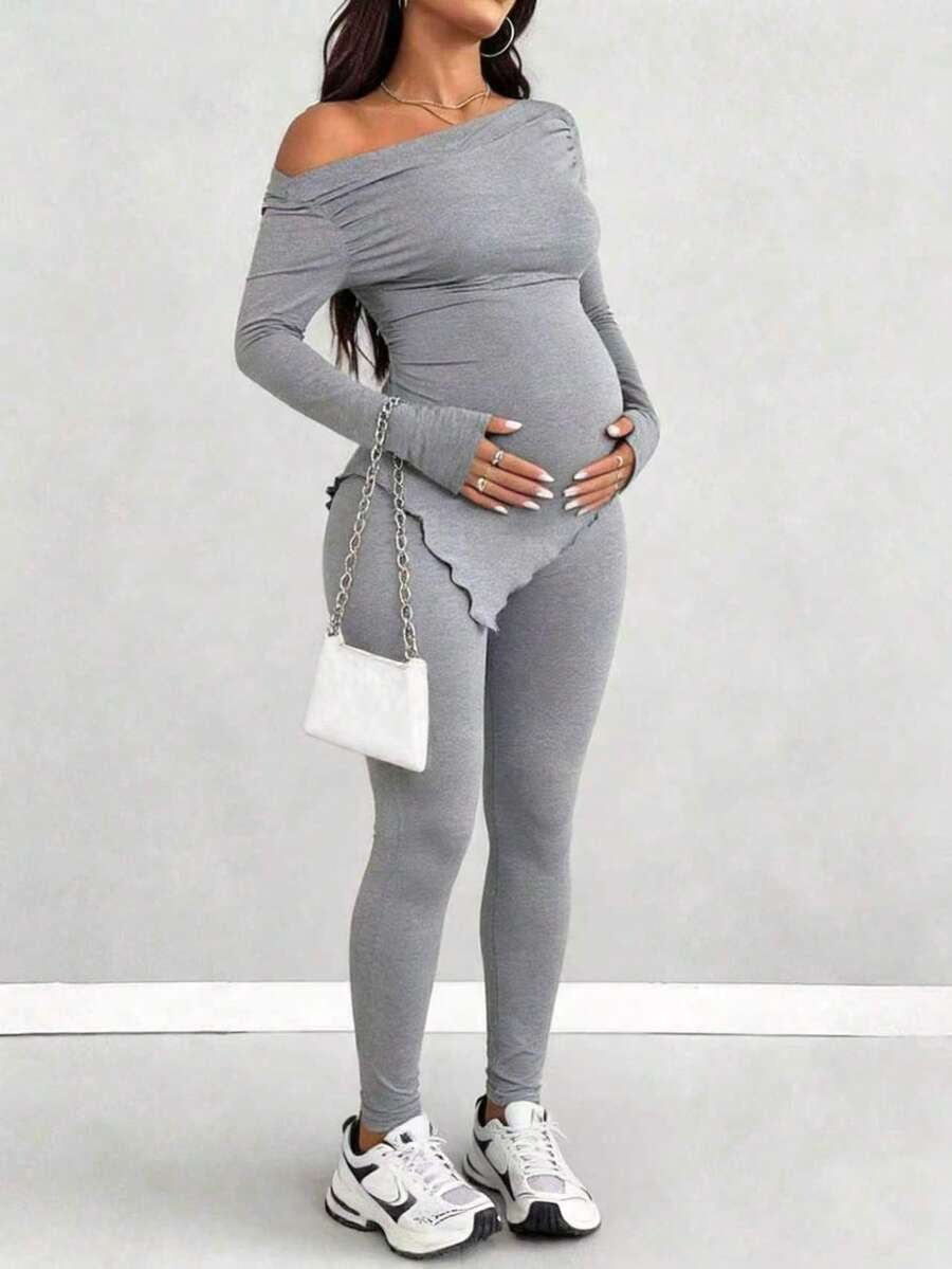 Parara Maternity 2 Pieces Casual Set, One-Shoulder Long Sleeve Ruched Top With Fitted Leggings, High Elastic Ribbed Knit Slim Fit Loungewear - Grey - View 1