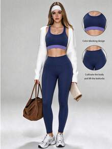 Women's Navy Blue Fashion Sports Set, Contrast Color Bra And High-Waisted Leggings, Slimming And Shaping, Suitable For Gym And Yoga - Royal Blue - View 1