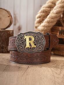 1pc Western Cowboy Style Belt With Embossed Letter Metal Buckle, PU Leather Embossed Belt, Unisex - Coffee Brown - View 49
