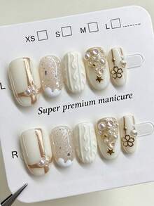 10pcs Handmade Oval Press-On Nails, Soft Christmas Luxury Style, Cream ...