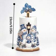 Wooden Christmas Snowman Paper Towel Holder, Vertical Kitchen Countertop Roll Storage Rack With "Merry Christmas" Label, Blue And White Winter Snow Scene, Vintage Farmhouse Style Christmas Tabletop Decor, Christmas Gift - View 5