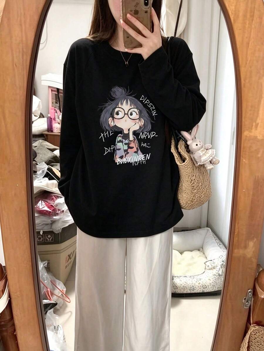 女款秋冬寬鬆圓領休閒街頭風百搭字母卡通女孩印花長袖T恤 - 黑色 - 查看 1