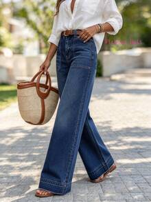 Women's Autumn Bohemian Style Elegant Washed Long Wide Leg Denim Jeans (No Belt), Frayed Hem, Medium Stretch, Suitable For All Seasons - Dark Wash - View 3