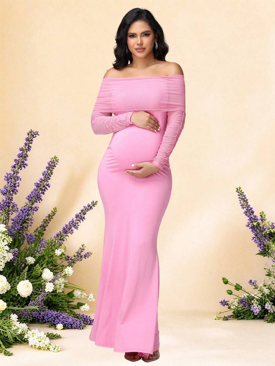 JustVH Pregnant Women's Ruched Mesh Open Shoulder Dress, Elegant Fitted Party Gown With Mermaid Hem Fall Pink - Pink - View 1