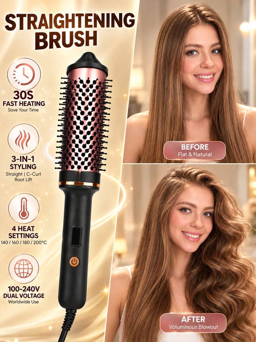 3-In-1 Straightening & Curling Hair Brush, Negative Ion Electric Styling Brush With LED Display And 4 Temperature Settings, Suitable For Straight, Curly And Voluminous Hair, Dry & Wet Hair Styling Tool, Halloween And Christmas Gift For Women