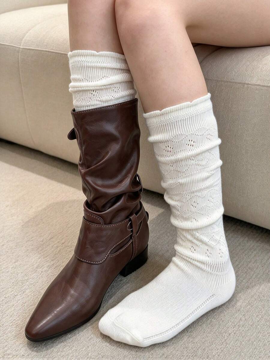 1 Pair Hollow Out Layered Leg Warmers Socks, Knitted Mid-Calf Socks, Sweet & Versatile White Socks For Autumn/Winter - White - View 1