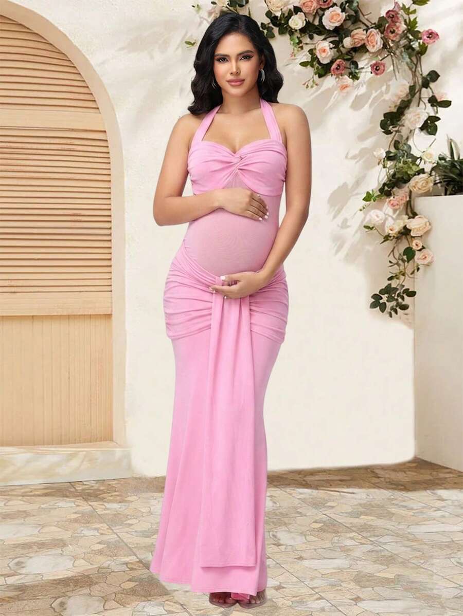 JustVH Maternity Mesh Pleated Draped Halter Backless Mermaid Hem Maxi Dress, Suitable For Baby Baptism Photography - Pink - View 1