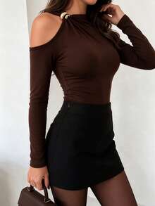 SUNSTORY Women's Autumn Brown Metal Buckle Asymmetrical Shoulder Long Sleeve Slim Fit Top, Vintage Style, Suitable For Party, Disco, Night Out - Brown - View 5