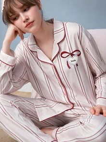 Gongdie 2 Pieces Women's Pajama Set,Fall Winter Pink Striped Soft Loungewear With Red Contrast Piping And Pockets - Baby Pink - View 1