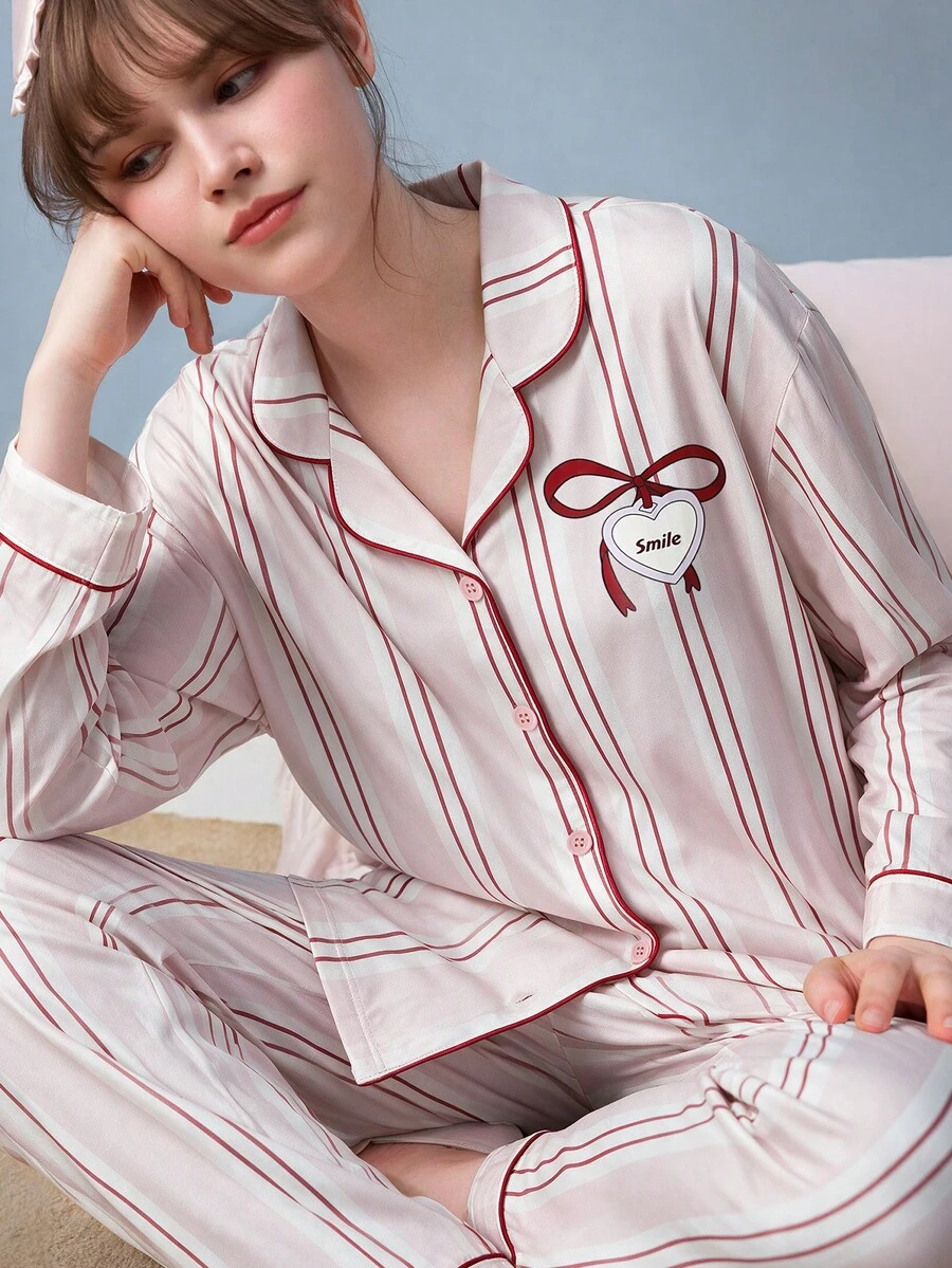 Gongdie 2 Pieces Women's Pajama Set,Fall Winter Pink Striped Soft Loungewear With Red Contrast Piping And Pockets - Baby Pink - View 1