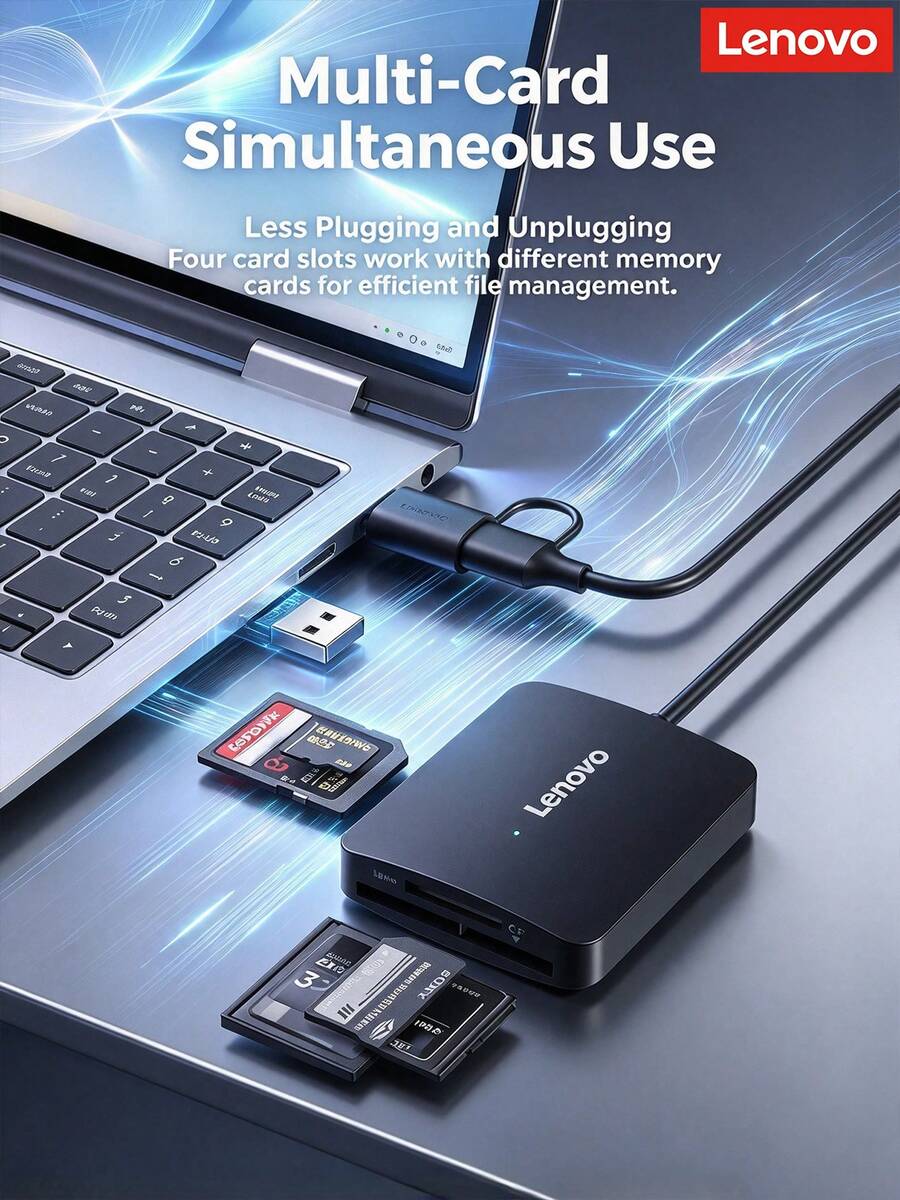 Lenovo H104 Card Reader: 4-In-1 Card Reader, Professional Reading Of High-Capacity Memory Cards, Efficient And Stable Data Transfer, Plug And Play Companion For Computers And Laptops - Black - View 1