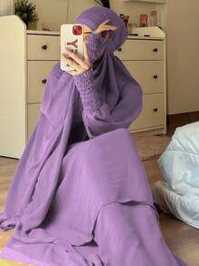Solid Smocked Ruffle Cuff Khimar Abaya 2 Pieces Set, Loose Wide Sleeve Modest Jilbab Maxi Dress, Islamic Prayer Casual Outfit For Muslim Women - Multicolor - View 19