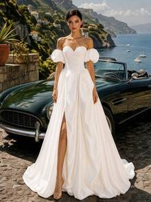 HEARBOBO Charming Long Wedding Dress, Off-Shoulder Design With Short Puff Sleeves, Embellished With Pearls And Embroidery, Creating The Ultimate Bridal Look - White - View 5