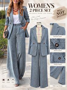 Women's Elegant Suit Commuter Set, New Fine Plaid Blazer With Wide Leg Pants, Slim Fit Top And Bottom, Unlined Autumn Style - Blue - View 8