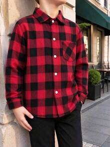 Young Boy Classic Street Style Red & Black Plaid Long Sleeve Shirt - Red and Black - View 6