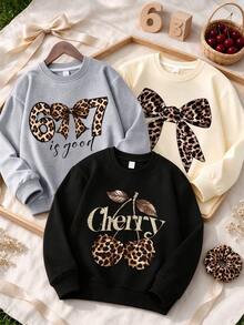 3pcs Set: Girls' Designer Leopard Print Creative Bow Apricot Sweatshirt, Leopard Print Cherry Black Sweatshirt, Leopard Print Bow 67 Grey Crew Neck Sweatshirt - Summer Fashion Comfortable Outfit - Multicolor - View 1