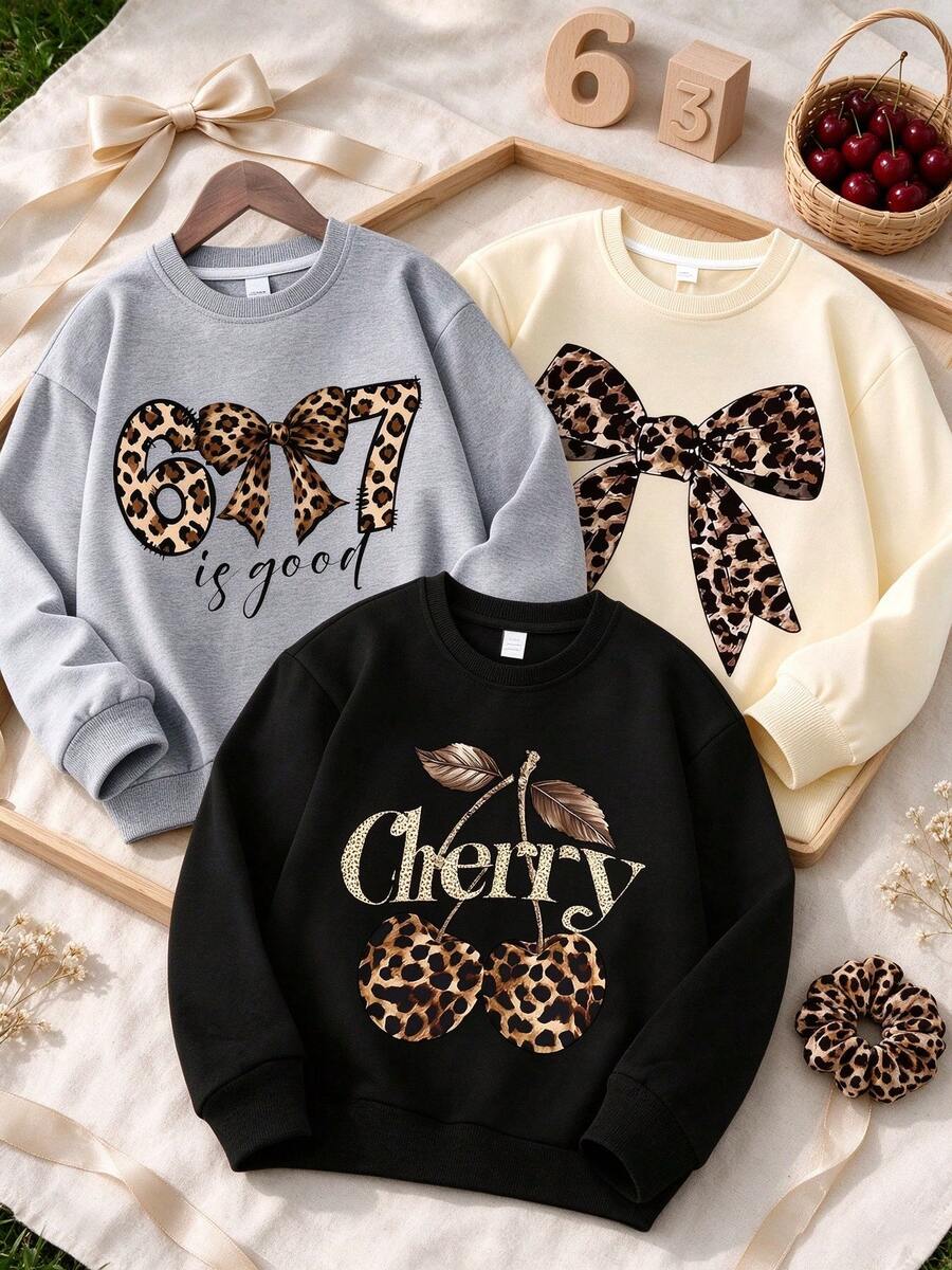 3pcs Set: Girls' Designer Leopard Print Creative Bow Apricot Sweatshirt, Leopard Print Cherry Black Sweatshirt, Leopard Print Bow 67 Grey Crew Neck Sweatshirt - Summer Fashion Comfortable Outfit - Multicolor - View 1