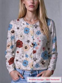 ADFHP Women Floral Print Crew Neck Long Sleeve Button Front Knit Cardigan, Casual Allover Flower Print Lightweight Sweater Jacket - Multicolor - View 1