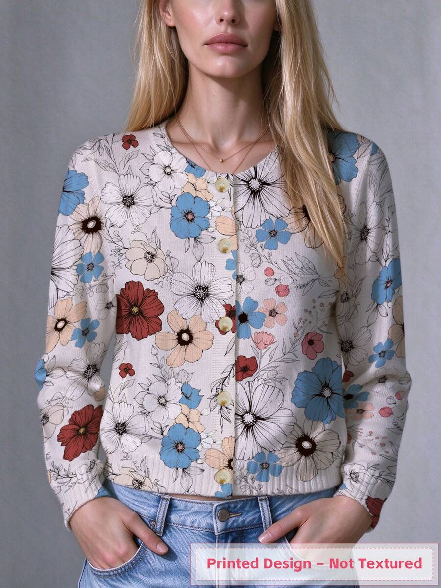 ADFHP Women Floral Print Crew Neck Long Sleeve Button Front Knit Cardigan, Casual Allover Flower Print Lightweight Sweater Jacket - Multicolor - View 1
