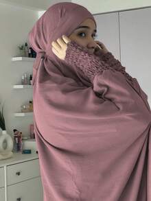Solid Smocked Ruffle Cuff Khimar Abaya 2 Pieces Set, Loose Wide Sleeve Modest Jilbab Maxi Dress, Islamic Prayer Casual Outfit For Muslim Women - Multicolor - View 21