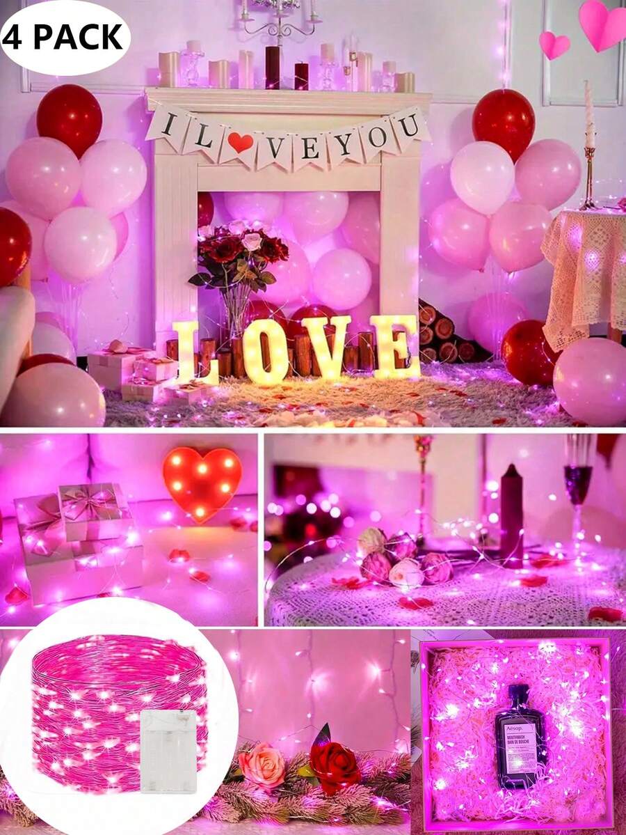 4pcs/Set 2/5M Pink Copper Wire Fairy Lights, Battery Operated Micro LED String Lights, Rose Pink Flexible Lights, Indoor Christmas Tree Xmas Gift Box Wreath Bedroom Wedding Party Holiday Decor String Light - Copper Wire String Lights - View 1