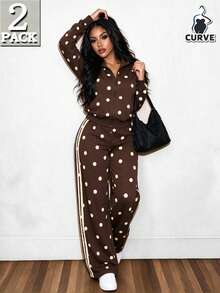 RNU Plus Size Brown White Polka Dot 2 Pieces Set,Soft Sweatshirt Fabric,Side Webbing&Pockets,Loose Slimming Fit,Jacket+Pants For Daily,Date,Party&Vacation - Multicolor - View 4