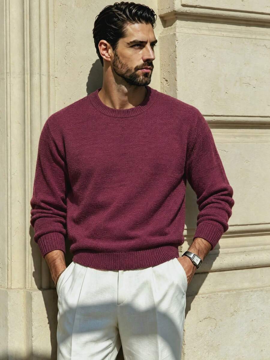 Men's Casual Loose Minimalist Commuting High-End Everyday Versatile Solid Color Knitted Long Sleeve Crew Neck Pullover Sweater, Autumn/Winter - Burgundy - View 1