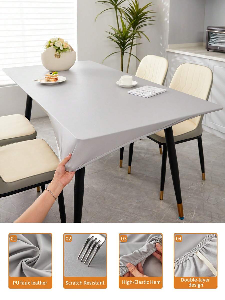 1pc Rectangular Elastic Tablecloth Cover, Grey Elastic PU Leather Material, Easy To Clean Tablecloth, Suitable For Dining Table, Catering, Party And Outdoor Garden