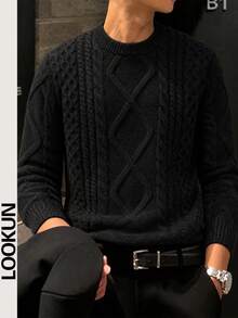 Lookun Men's Solid Color Minimalist Fashion Casual Versatile Daily Commute Home Wear Crew Neck Long Sleeve Loose Ribbed Pullover Sweater Knitwear Autumn/Winter - Black - View 1