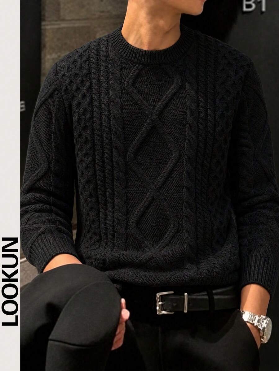 Lookun Men's Solid Color Minimalist Fashion Casual Versatile Daily Commute Home Wear Crew Neck Long Sleeve Loose Ribbed Pullover Sweater Knitwear Autumn/Winter - Black - View 1