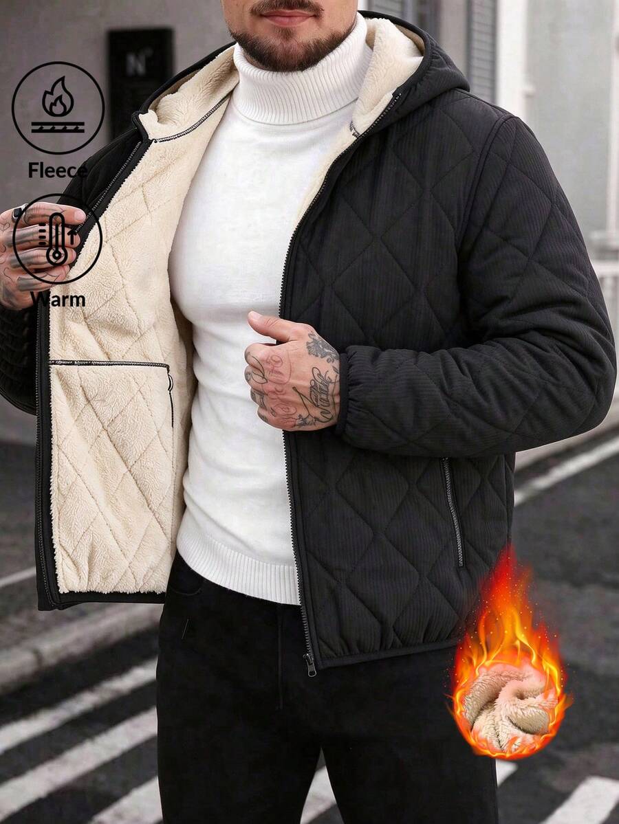 Men's Winter Warm Crew Neck Sweatshirt, Solid Color Minimalist Basic Long Sleeve Pullover, Thickened Warm Lining, Loose Fit, Elastic Ribbed Cuffs, Soft Skin-Friendly Heat Retention And Cold Protection, Suitable For Daily Wear, Outdoor Activities, Commuting And Casual Occasions, Also A Thoughtful Winter Gift For Husband, Father And Friends - Black - View 1