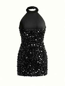 Unadoll Women's Autumn Sequin Halter Neck Backless Fitted Short Mini Dress, Suitable For Halloween, Birthday, Cocktail Party And Outing - Black - View 5