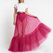 1pc Women's European & American Design Pleated Mesh Skirt, Low Waist Sheer A-Line Long Skirt, Patchwork Style, Summer New Arrival, Halloween - Multicolor - View 20