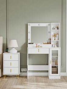 SoBuy | Dressing Table With LED Mirror And Drawer | Vanity Desk With Glass-Door Cabinet | Makeup Station For Bedroom | 85*40*140 Cm | Load Capacity 62 Kg - White - View 6