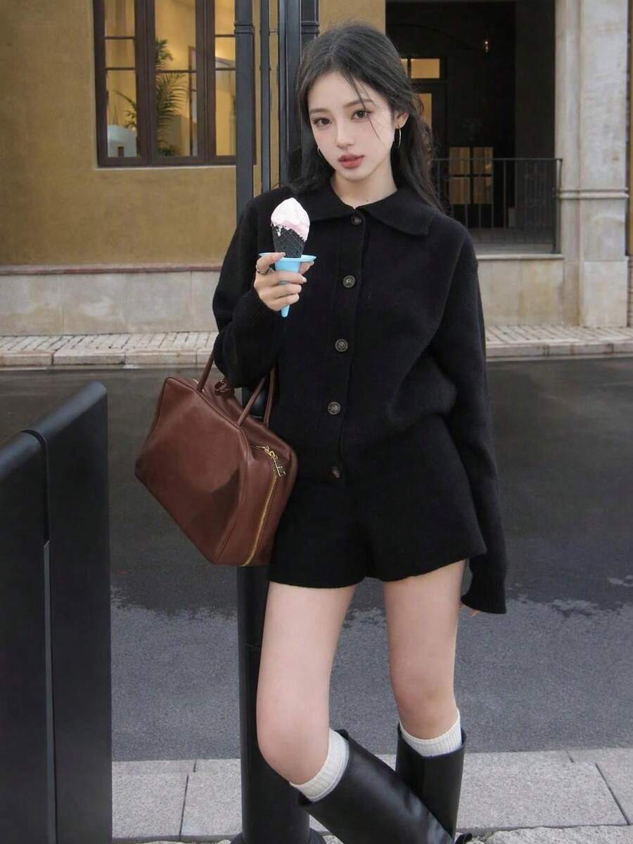 Rikumo 2pcs Women's Casual Lapel Cardigan And Shorts Set Winter - Black - View 1