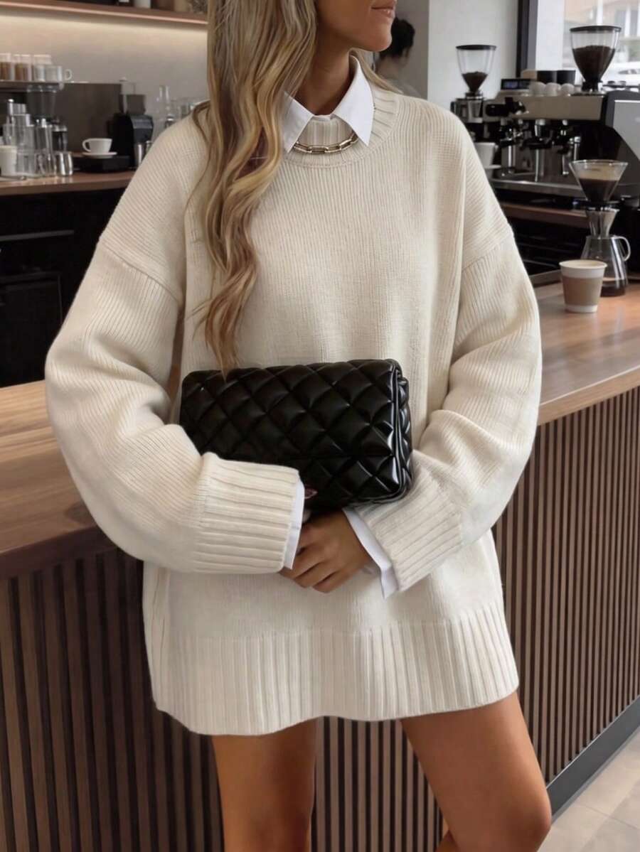 Women's New Minimalist Versatile Casual Drop Shoulder Long Sleeve Sweater - White - View 1