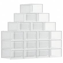 SONGMICS Plastic Shoe Boxes, Set Of 18 Storage Organizers, Foldable And Stackable Plastic Shoe Box For Sneakers Up To Size 44, Transparent And White, MLSP18SWT - Clear - View 2