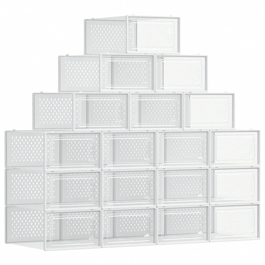 SONGMICS Plastic Shoe Boxes, Set Of 18 Storage Organizers, Foldable And Stackable Plastic Shoe Box For Sneakers Up To Size 44, Transparent And White, MLSP18SWT