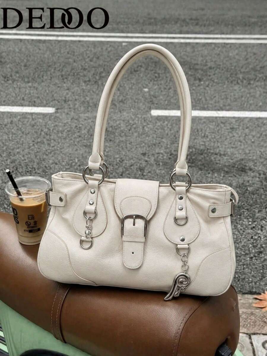 Dedoo 2026 New Y2K Fashion Large Capacity American Retro Versatile Motorcycle Style Shoulder Underarm Bag Handbag (Accessories Not Included) - Beige - View 1