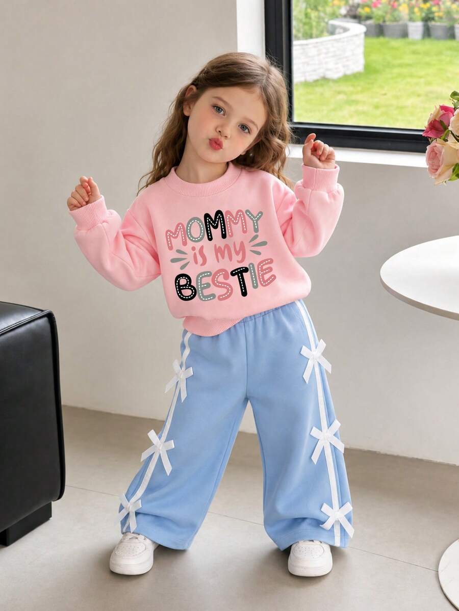 Baby Girl Letter Print Crew Neck Long Sleeve Top And Pants - Pink - View 1