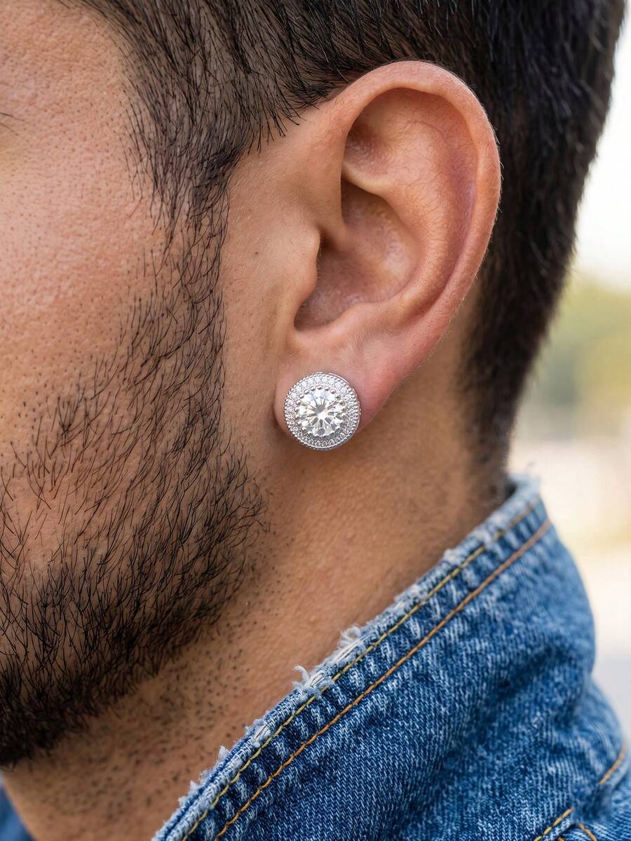 2Pcs Men's Minimalist Hip-Hop Copper Cubic Zirconia Round Earrings Studs, Suitable For Men's Autumn Daily Commute Outfit Layering Jewelry - Earrings - View 1