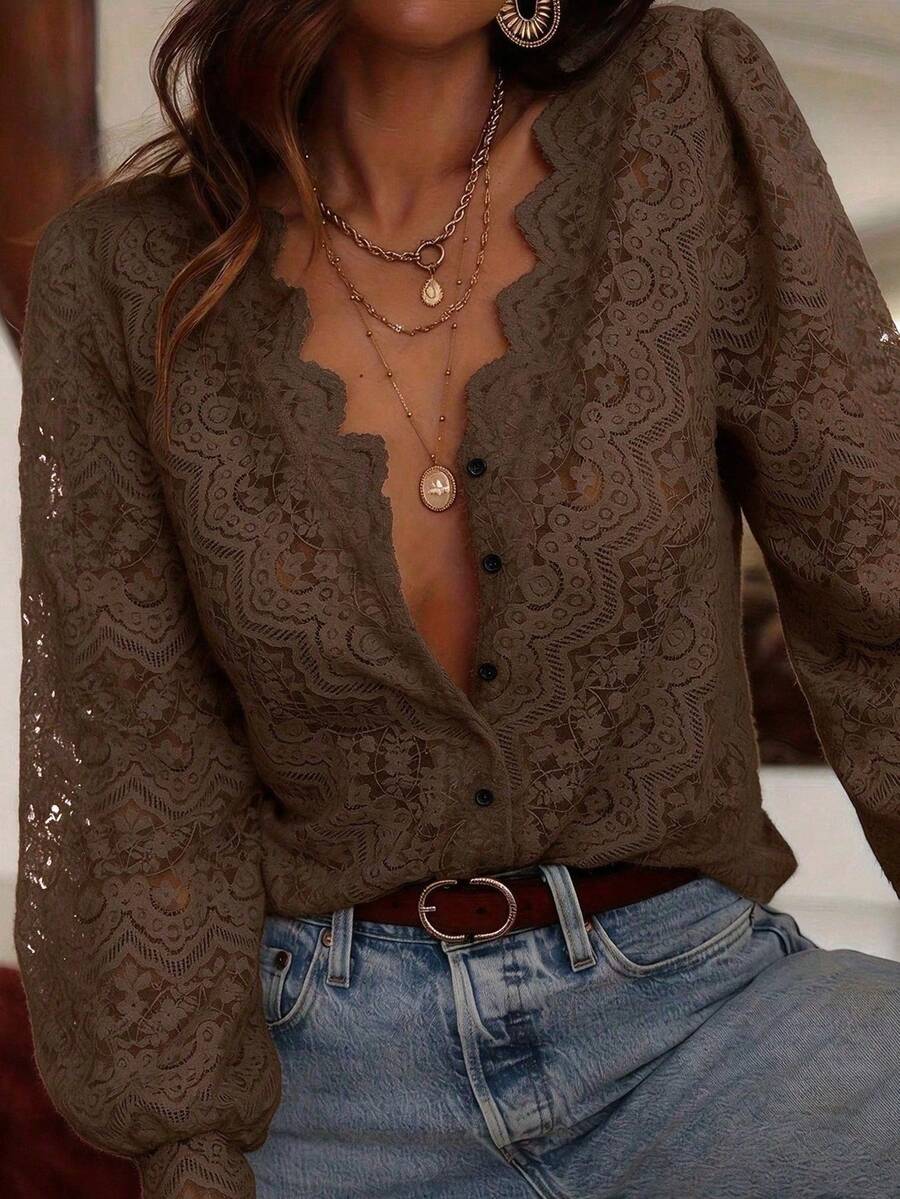 EARO Women's Fashion Lace Long Sleeve V-Neck Button Front Top, Regular Fit - Coffee Brown - View 1