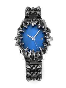 1pc Silver Black Thorn Flame Men's Quartz Watch, Multi-Color Radial Dial, Gothic Punk Style Fashion Business Calendar Quartz Wristwatch - Black - View 12