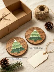 2pcs Christmas Tree Theme Round Wooden Coasters, Hand-Painted Christmas Tree Pattern Beverage Coasters Set, Absorbent Heat-Resistant Wooden Coasters, Suitable For Coffee Cups, Tea Cups, Mugs, Hot Drink Cups And Daily Beverages, Suitable For Dining Table, Coffee Table, Kitchen Countertop, Living Room, Bedroom, Study, Office, Bar, Cafe, Restaurant, Home Kitchen, Holiday Party, Christmas Party, Winter Table Setting, Home Decor, Beverage Display And Daily Desktop Organization, Christmas, Thanksgiving - Multicolor - View 2